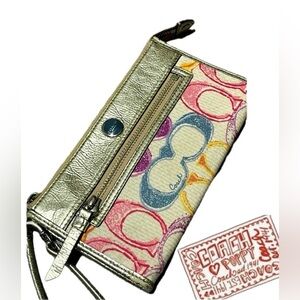 Coach Poppy Dream Graffiti Fabric Metallic Gold Leather Wristlet Wallet - RARE!